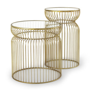 HomeRoots Set of Two Modern Clear Glass & Gold Metal Round Drum End Tables for Stylish Living Spaces 605374