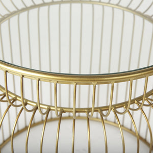 HomeRoots Set of Two Modern Clear Glass & Gold Metal Round Drum End Tables for Stylish Living Spaces 605374