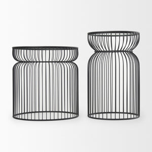 HomeRoots Set of Two Modern Round Drum End Tables with Clear Glass Tops and Stylish Black Wire Bases 605375