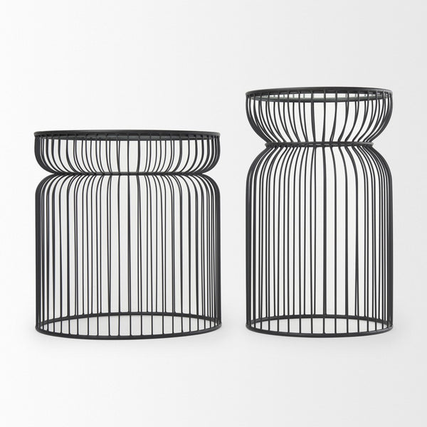 HomeRoots Set of Two Modern Round Drum End Tables with Clear Glass Tops and Stylish Black Wire Bases 605375
