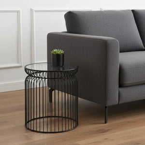 HomeRoots Set of Two Modern Round Drum End Tables with Clear Glass Tops and Stylish Black Wire Bases 605375