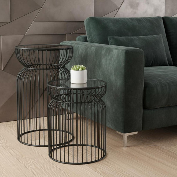 HomeRoots Set of Two Modern Round Drum End Tables with Clear Glass Tops and Stylish Black Wire Bases 605375