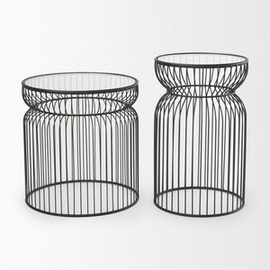 HomeRoots Set of Two Modern Round Drum End Tables with Clear Glass Tops and Stylish Black Wire Bases 605375