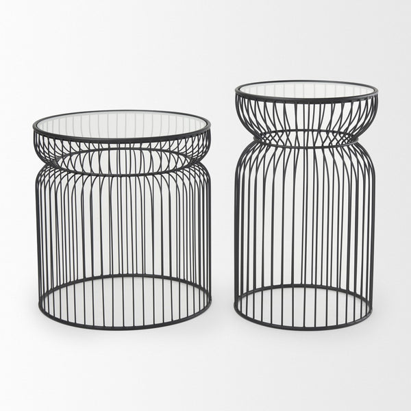 HomeRoots Set of Two Modern Round Drum End Tables with Clear Glass Tops and Stylish Black Wire Bases 605375