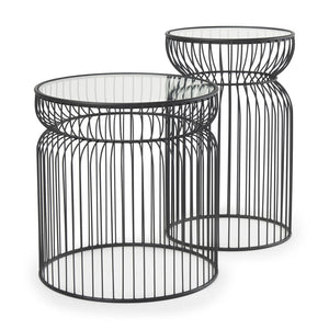 HomeRoots Set of Two Modern Round Drum End Tables with Clear Glass Tops and Stylish Black Wire Bases 605375