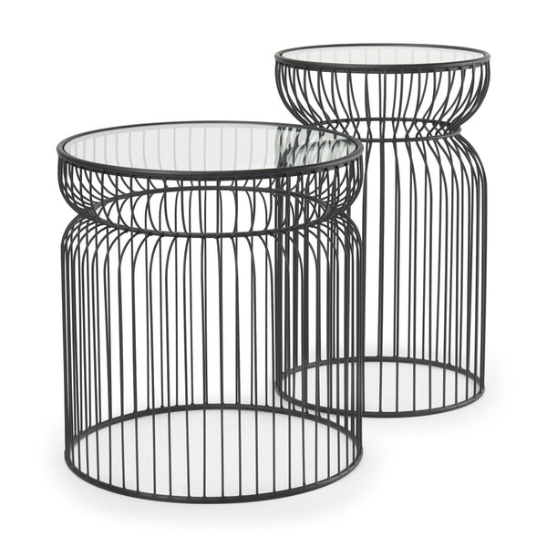 HomeRoots Set of Two Modern Round Drum End Tables with Clear Glass Tops and Stylish Black Wire Bases 605375