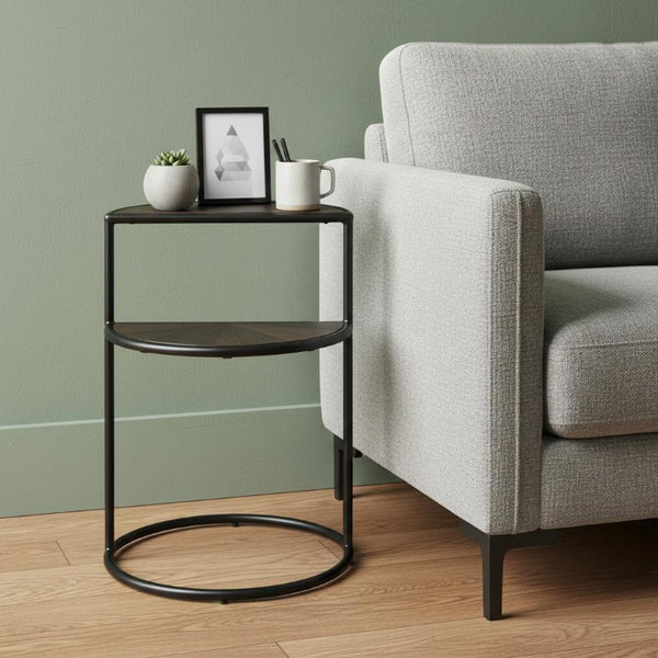 19 Inch Solid Wood Metal Accent Tray Table Espresso Finish for Living Room Use