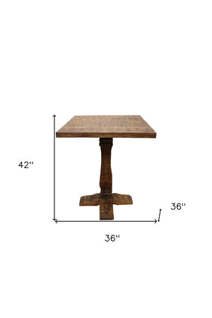 HomeRoots 36" Brown Solid Wood Square Pedestal Bar Table - Rustic Vintage Design for Home & Commercial Use 605386