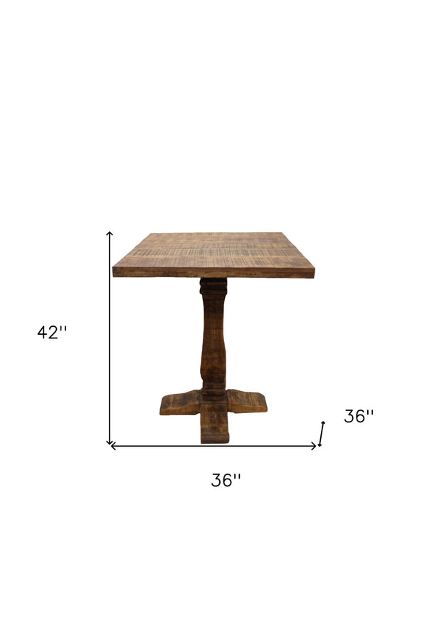 HomeRoots 36" Brown Solid Wood Square Pedestal Bar Table - Rustic Vintage Design for Home & Commercial Use 605386