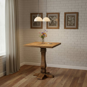 HomeRoots 36" Brown Solid Wood Square Pedestal Bar Table - Rustic Vintage Design for Home & Commercial Use 605386