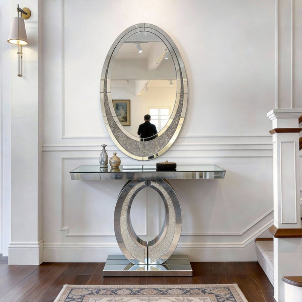English Elm Mirrored Olive Console Table Crushed Diamante Glass Glam Hallway Entryway Accent W3836P427990