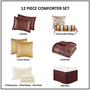 English Elm 12 Piece Comforter Set - Luxurious Burnt Red Jacquard With Cotton Sheets For California King Bed B035128828