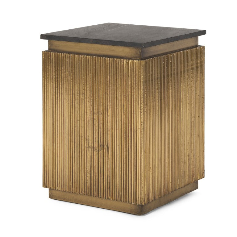 HomeRoots 22 Inch Square Block Side Table with Stone Top and Brass Accent Living Room Glam 605401