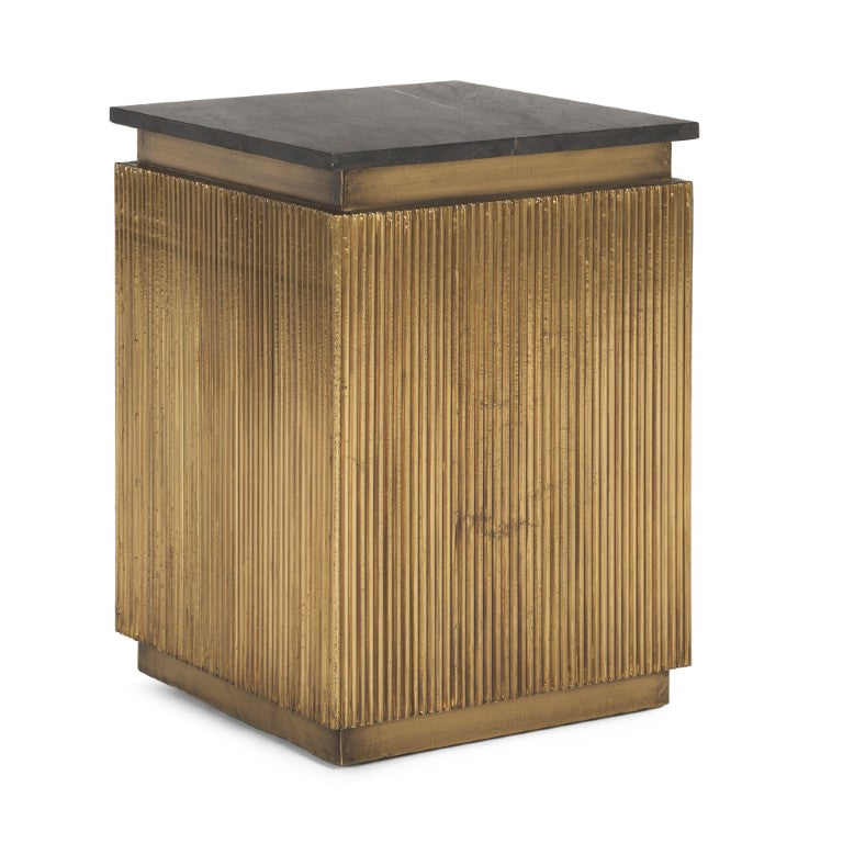 HomeRoots 22 Inch Square Block Side Table with Stone Top and Brass Accent Living Room Glam 605401