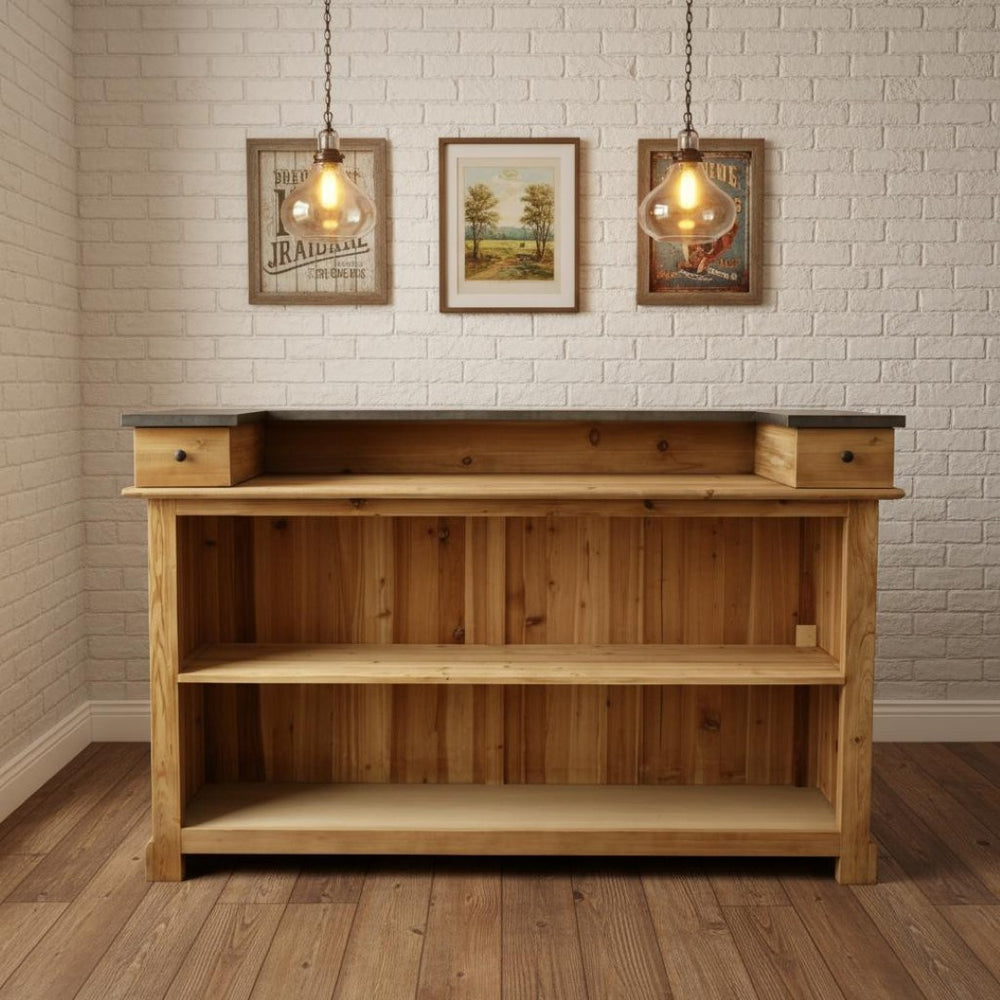 HomeRoots 71" Coastal-Inspired Rectangular Bar Table with Solid Wood Base & Silver Metal Top for Elegance 605409