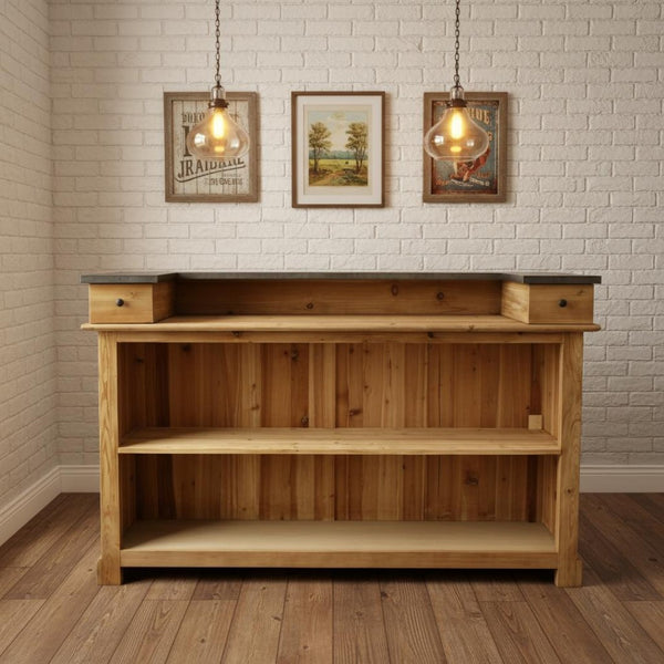 HomeRoots 71" Coastal-Inspired Rectangular Bar Table with Solid Wood Base & Silver Metal Top for Elegance 605409