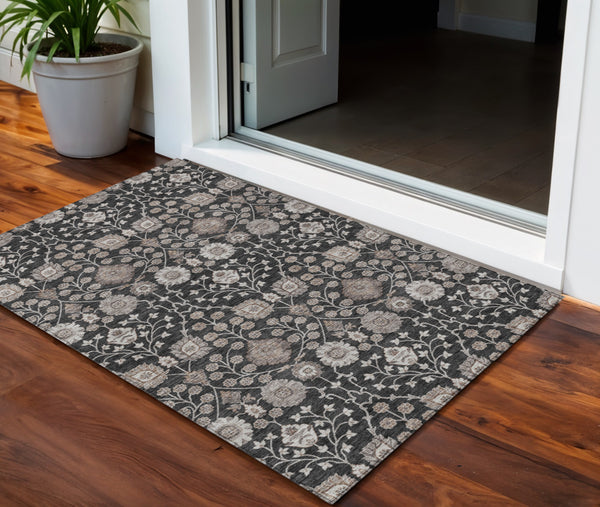Homeroots 3' Stylish Black Brown Beige Floral Washable Area Rug For Indoor And Outdoor Spaces, Durable Design 3' X 5' Polyester 605413