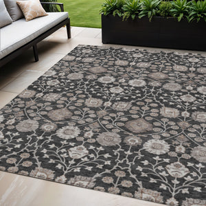 Homeroots 3' Stylish Black Brown Beige Floral Washable Area Rug For Indoor And Outdoor Spaces, Durable Design 5' X 8' Polyester 605414