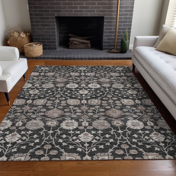 Homeroots 3' Stylish Black Brown Beige Floral Washable Area Rug For Indoor And Outdoor Spaces, Durable Design 5' X 8' Polyester 605414