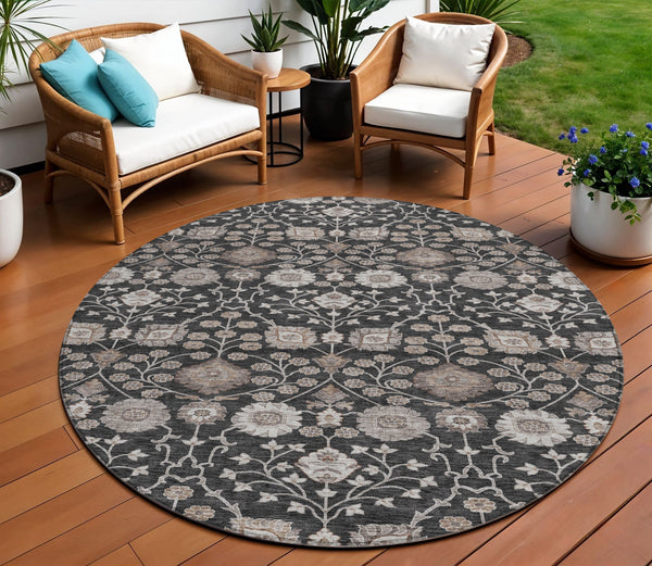 Homeroots 3' Stylish Black Brown Beige Floral Washable Area Rug For Indoor And Outdoor Spaces, Durable Design 8' Round Polyester 605415