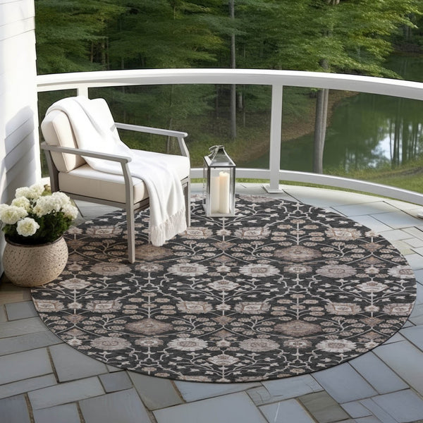 Homeroots 3' Stylish Black Brown Beige Floral Washable Area Rug For Indoor And Outdoor Spaces, Durable Design 8' Round Polyester 605415
