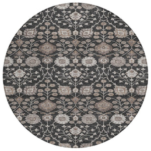 HomeRoots 5' Black Brown Beige Floral Area Rug - Washable Indoor Outdoor Design for Versatile Living Spaces 8' Round 605415