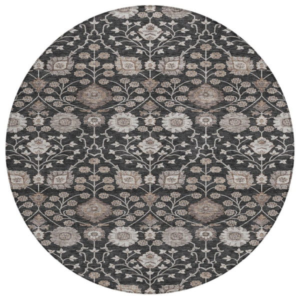 HomeRoots 5' Black Brown Beige Floral Area Rug - Washable Indoor Outdoor Design for Versatile Living Spaces 8' Round 605415