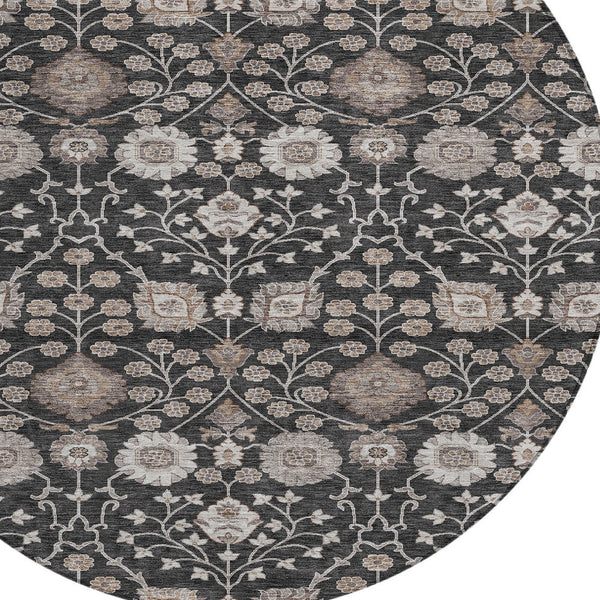 Homeroots 3' Stylish Black Brown Beige Floral Washable Area Rug For Indoor And Outdoor Spaces, Durable Design 8' Round Polyester 605415