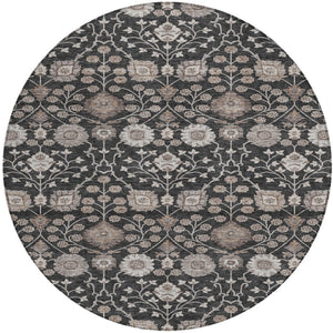 Homeroots 3' Stylish Black Brown Beige Floral Washable Area Rug For Indoor And Outdoor Spaces, Durable Design 8' Round Polyester 605415