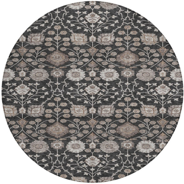 Homeroots 3' Stylish Black Brown Beige Floral Washable Area Rug For Indoor And Outdoor Spaces, Durable Design 8' Round Polyester 605415