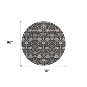 Homeroots 3' Stylish Black Brown Beige Floral Washable Area Rug For Indoor And Outdoor Spaces, Durable Design 8' Round Polyester 605415