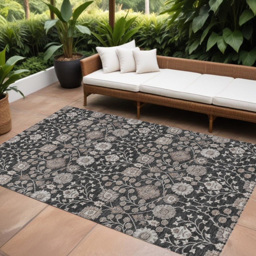 HomeRoots 9' Classic Floral Washable Area Rug - Durable Indoor/Outdoor Design in Black, Brown & Beige Tones 605417