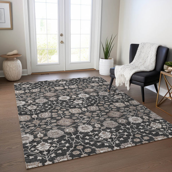 Homeroots 3' Stylish Black Brown Beige Floral Washable Area Rug For Indoor And Outdoor Spaces, Durable Design 10' X 14' Polyester 605418