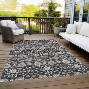 Homeroots 3' Stylish Black Brown Beige Floral Washable Area Rug For Indoor And Outdoor Spaces, Durable Design 10' X 14' Polyester 605418