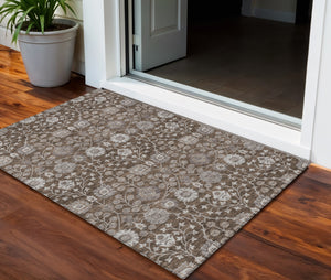 Homeroots 3' Stylish Black Brown Beige Floral Washable Area Rug For Indoor And Outdoor Spaces, Durable Design 3' X 5' Polyester 605419
