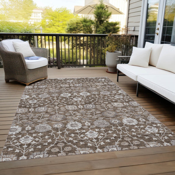 Homeroots 3' Stylish Black Brown Beige Floral Washable Area Rug For Indoor And Outdoor Spaces, Durable Design 3' X 5' Polyester 605419