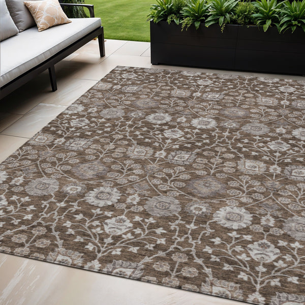Homeroots 3' Stylish Black Brown Beige Floral Washable Area Rug For Indoor And Outdoor Spaces, Durable Design 5' X 8' Polyester 605420