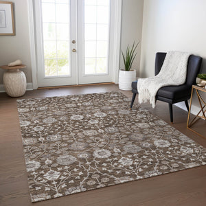 Homeroots 3' Stylish Black Brown Beige Floral Washable Area Rug For Indoor And Outdoor Spaces, Durable Design 5' X 8' Polyester 605420