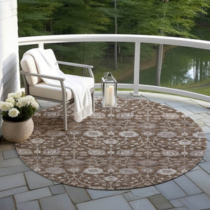 Homeroots 3' Stylish Black Brown Beige Floral Washable Area Rug For Indoor And Outdoor Spaces, Durable Design 8' Round Polyester 605421