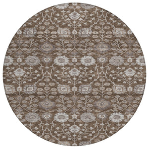 HomeRoots 5' Indoor Outdoor Area Rug in Elegant Chocolate Beige Gray Floral Design - Machine Washable & Durable 8' Round 605421