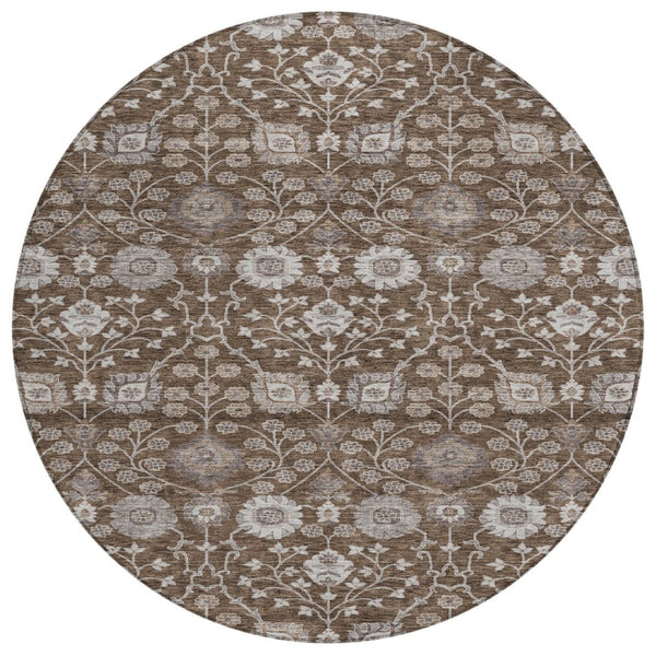 HomeRoots 5' Indoor Outdoor Area Rug in Elegant Chocolate Beige Gray Floral Design - Machine Washable & Durable 8' Round 605421