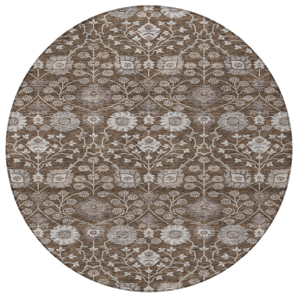 Homeroots 3' Stylish Black Brown Beige Floral Washable Area Rug For Indoor And Outdoor Spaces, Durable Design 8' Round Polyester 605421