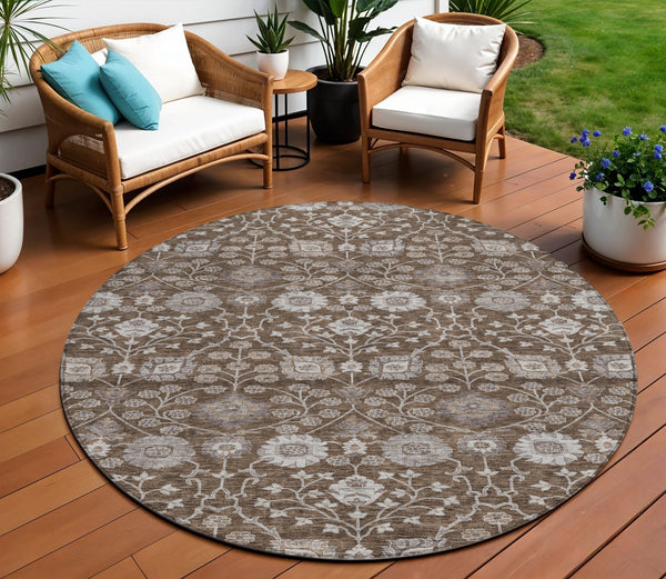 Homeroots 3' Stylish Black Brown Beige Floral Washable Area Rug For Indoor And Outdoor Spaces, Durable Design 8' Round Polyester 605421