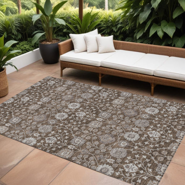 Homeroots 3' Stylish Black Brown Beige Floral Washable Area Rug For Indoor And Outdoor Spaces, Durable Design 10' X 14' Polyester 605424