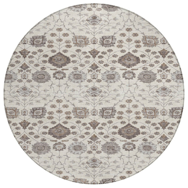 HomeRoots 5' Durable Floral Area Rug in Ivory, Brown & Gray – Perfect for Indoor & Outdoor Spaces, Washable! 8' Round 605427