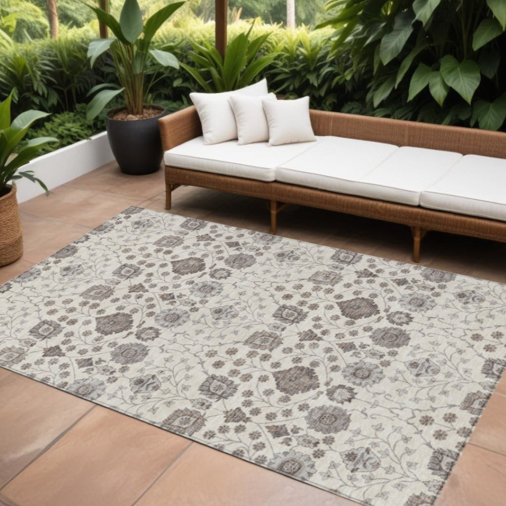 HomeRoots 5' Durable Floral Area Rug in Ivory, Brown & Gray – Perfect for Indoor & Outdoor Spaces, Washable! 10' X 14' 605430