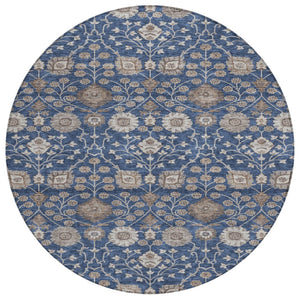 HomeRoots 5' Indoor Outdoor Floral Area Rug in Navy, Brown, and Beige - Washable, Durable, and Versatile Design 8' Round 605433