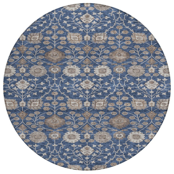 HomeRoots 5' Indoor Outdoor Floral Area Rug in Navy, Brown, and Beige - Washable, Durable, and Versatile Design 8' Round 605433