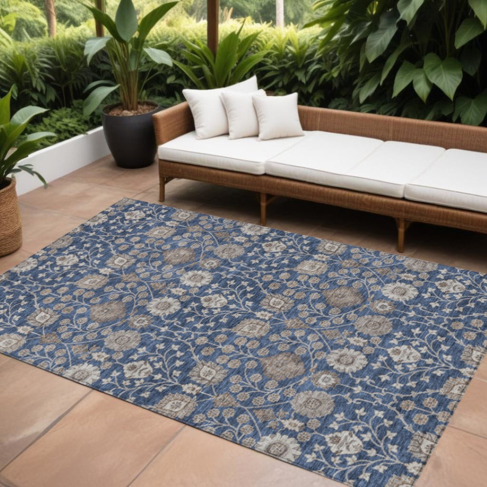 HomeRoots 5' Indoor Outdoor Floral Area Rug in Navy, Brown, and Beige - Washable, Durable, and Versatile Design 10' X 14' 605436