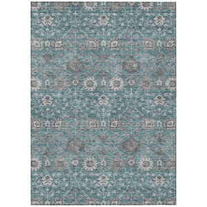 HomeRoots 5' Indoor Outdoor Area Rug in Teal Blue Gray Floral Design – Washable, Stain Resistant, Durable Style 5' X 8' 605438